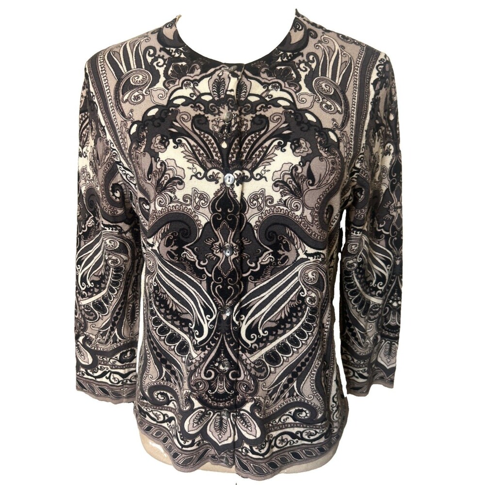 Charter Club Women’s PM Sweater Cardigan Paisley Knit Button Black Brown